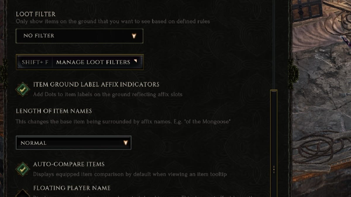 Last Epoch loot filter menu