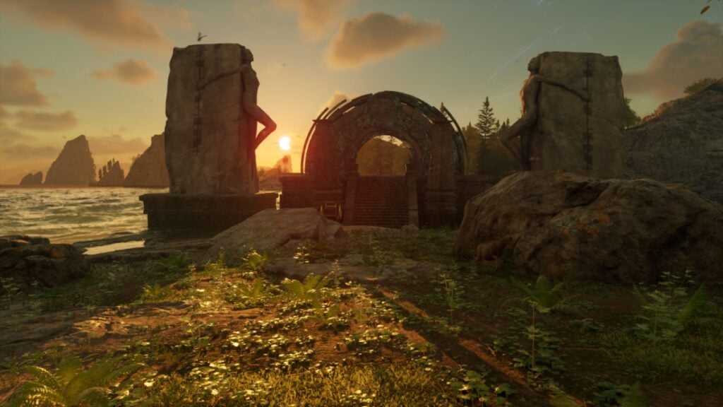 The player approaches a gateway at sunset in Nightingale