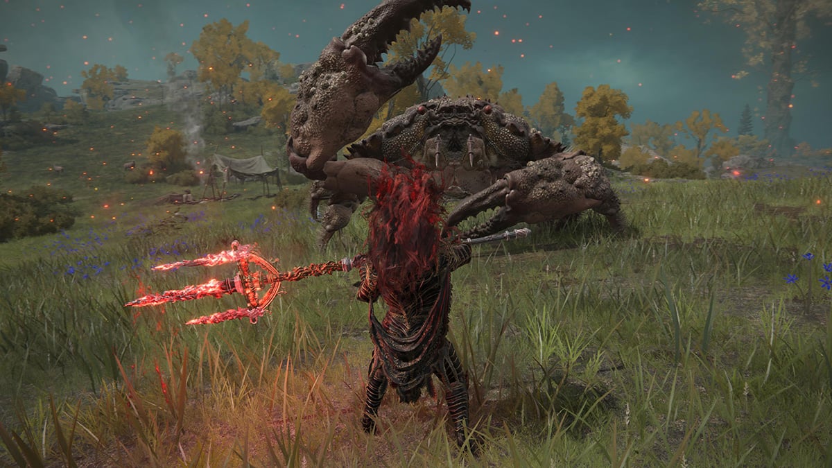 The Tarnished positions the Mohgwyn’s Sacred Spear to block.