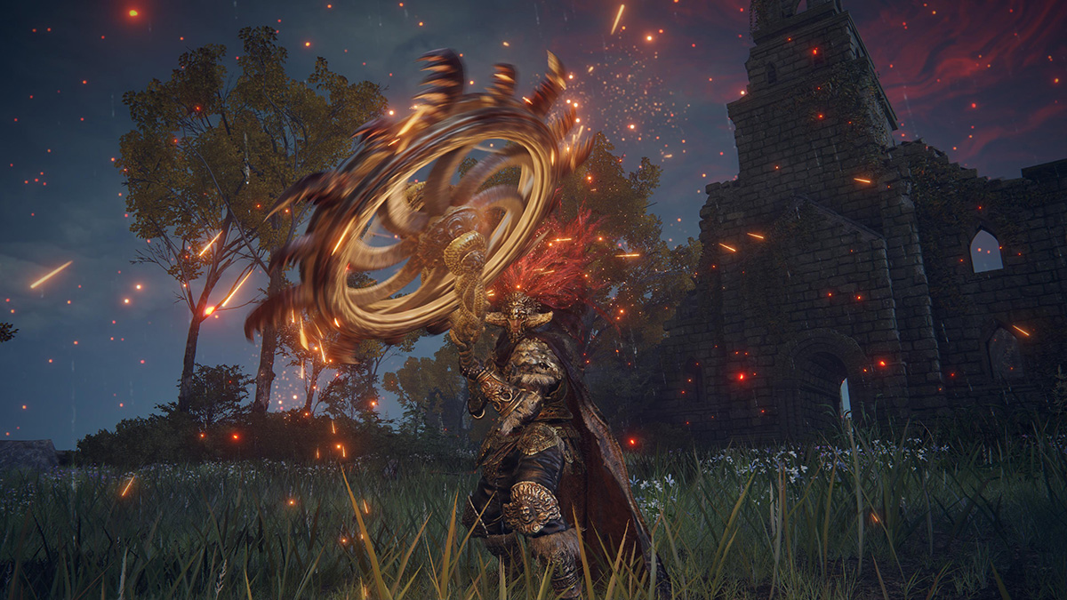 The Tarnished performs the Spinning Wheel Weapon Skill to showcase the importance of Vigor and Mind in Elden Ring.