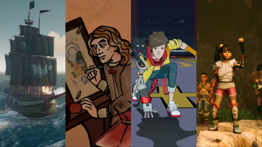 Four Xbox Games Are Going Cross-Platform, Says Phil Spencer Screenshots from the trailers of Sea of Thieves, Pentiment, Hi-Fi Rush, and Grounded, which may be going cross-platform