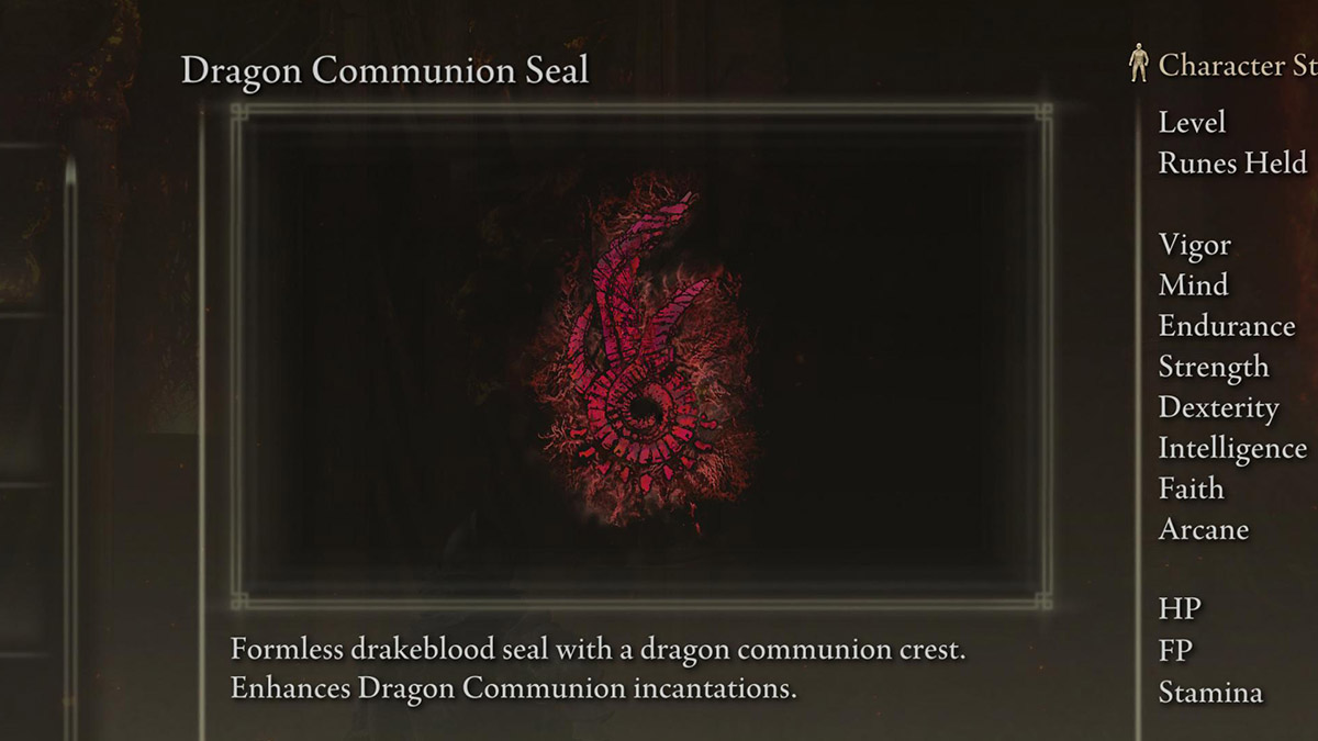 The Dragon Communion Seal as the item appears in the weapons and equipment selection screen in Elden Ring.