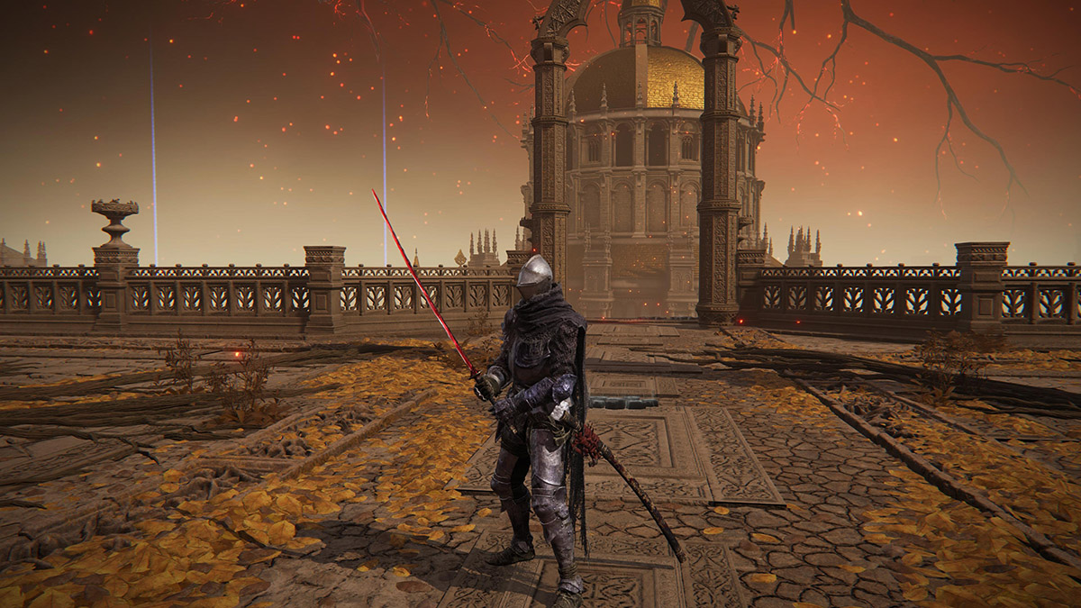 The Tarnished grips the Rivers of Blood katana with two hands, showcasing the best Arcane weapon in Elden Ring.