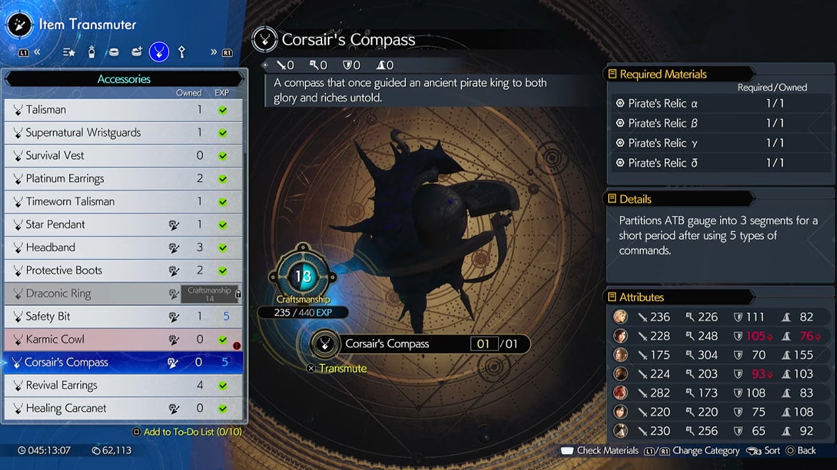 Crafting Corsair's Compass in FF7 Rebirth.