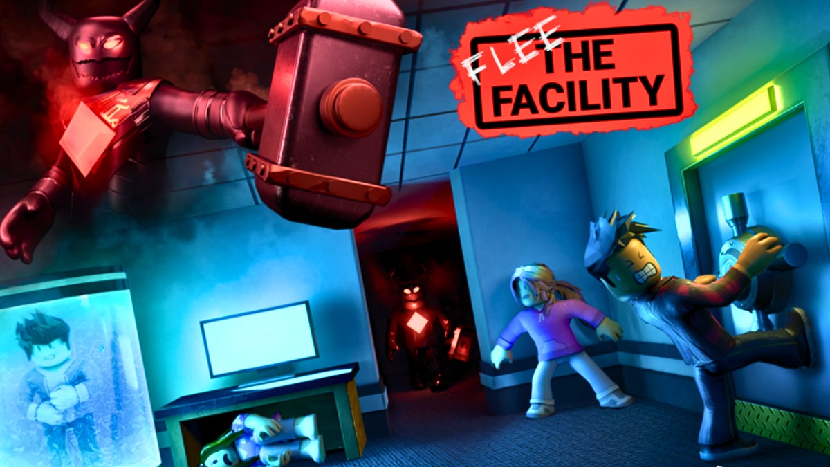 Flee the Facility Roblox artwork showing players escaping a facility as a threat approaches