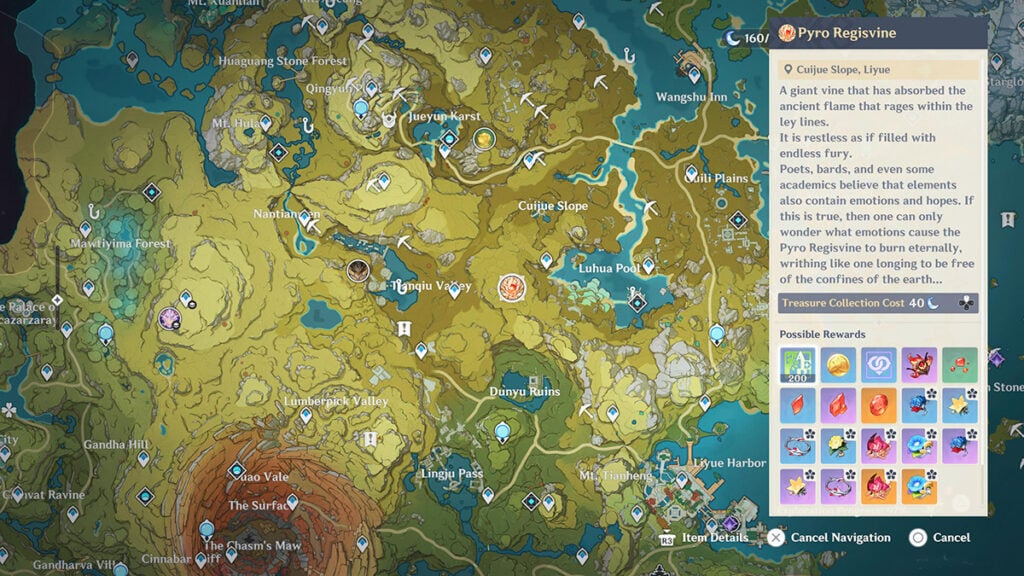 The location of the Pyro Regisvine boss, as showcased in the Genshin Impact map. 