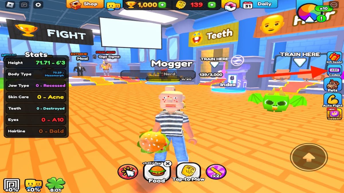 Mewing Simulator HUD screen, where to redeem codes