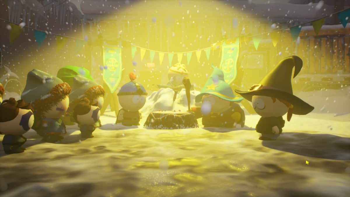 Cartman, Stan, and other kids gather together in a tense meeting in South Park Snow Day