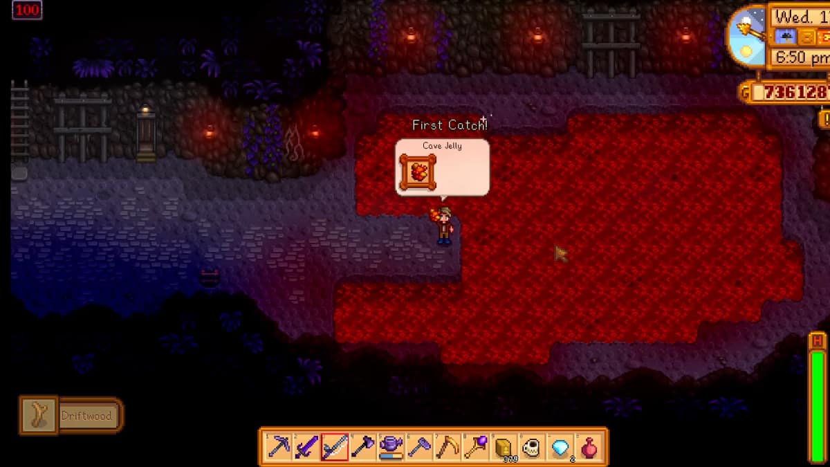 Catching Cave Jelly in Stardew Valley.