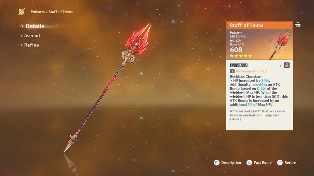 The Staff of Homa, one of the best weapons for Arlecchino in Genshin Impact. 