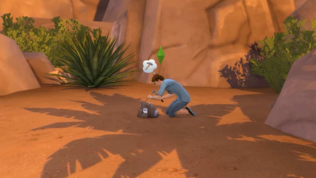 A Sim tries to find and collect crystals in The Sims 4