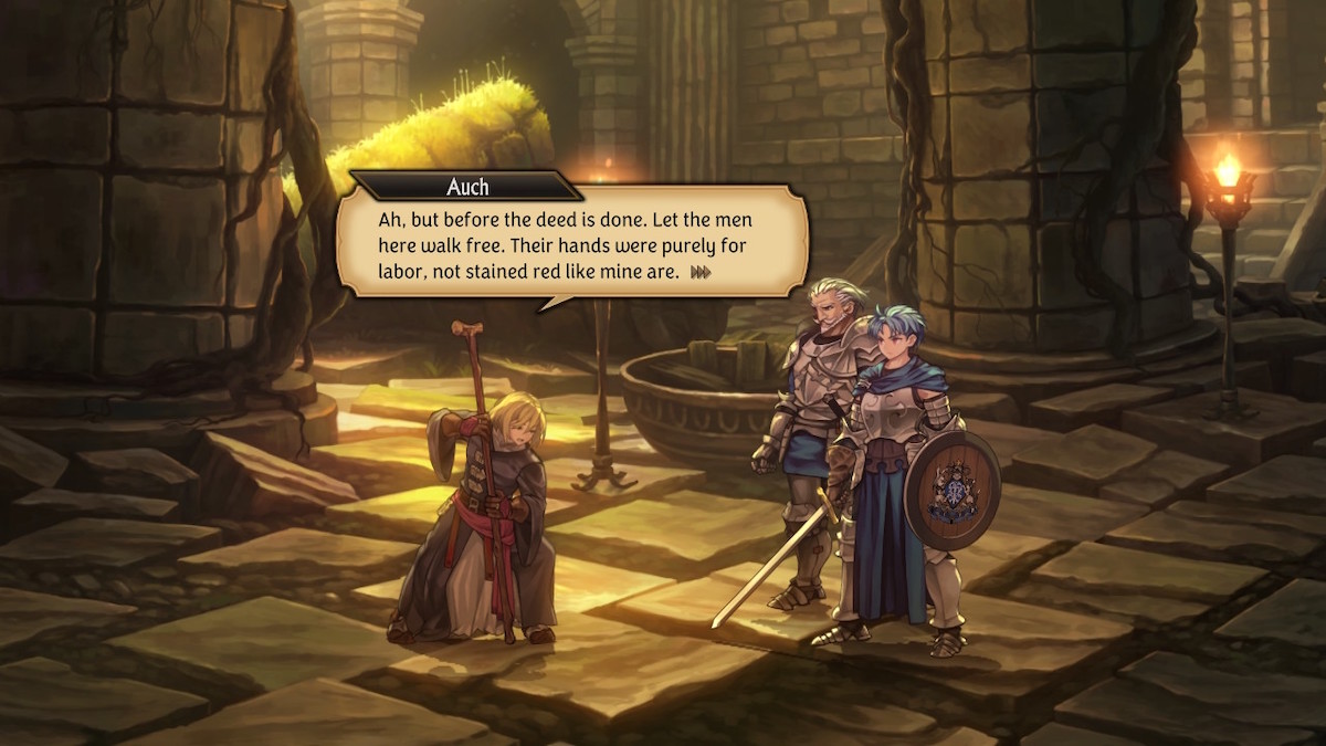 Auch begs for his men to go free, after Alain sentences him to death in Unicorn Overlord