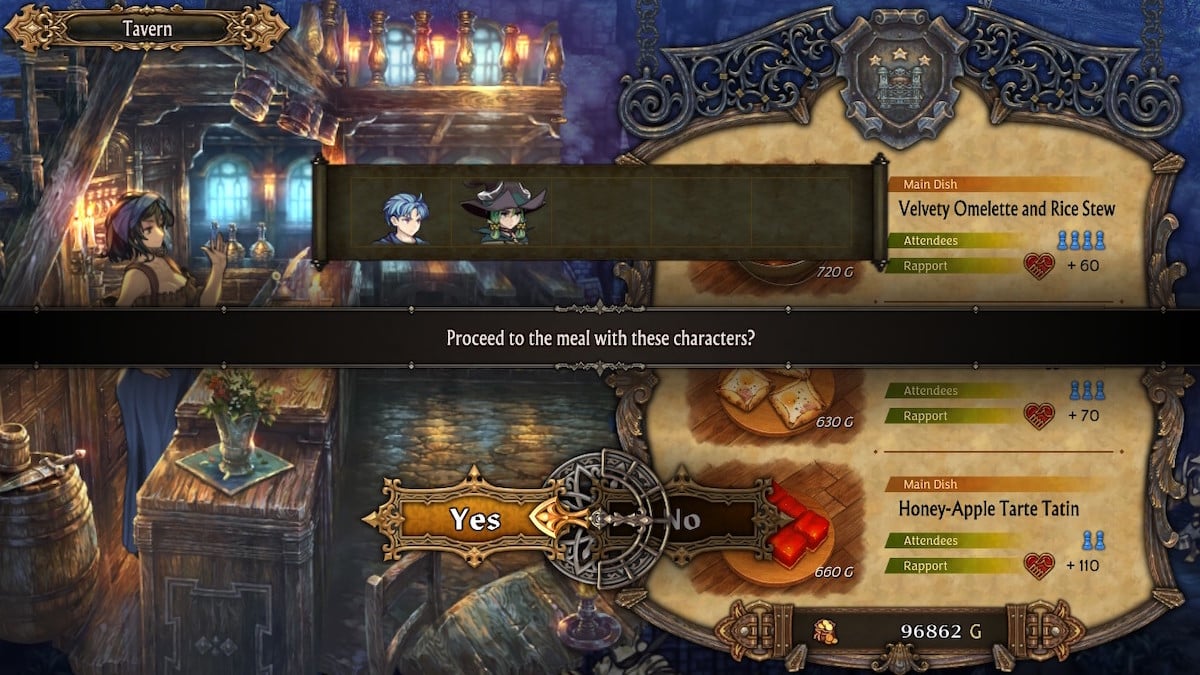 An example of the tavern meal function in Unicorn Overlord, where Alain and Yahna's rapport is boosted