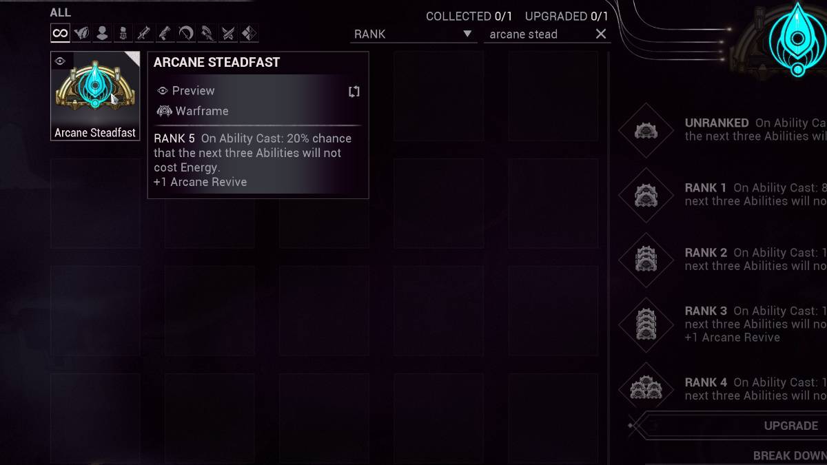 Warframe Arcane Steadfast in the inventory