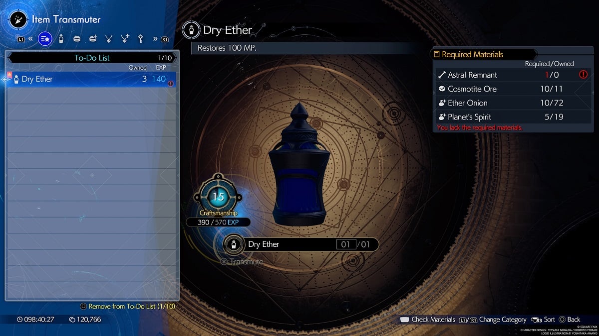 crafting dry ether with astral remnant in ff7 rebirth