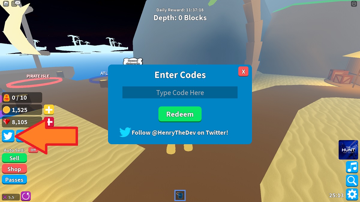 redeemig roblox codes in treasure hunt simulator