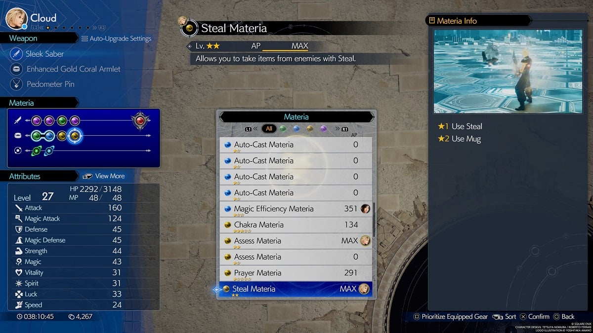 unequipping steal materia