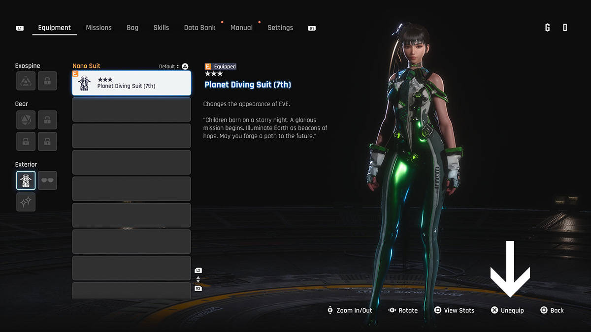 The nano suit selection screen in Stellar Blade.