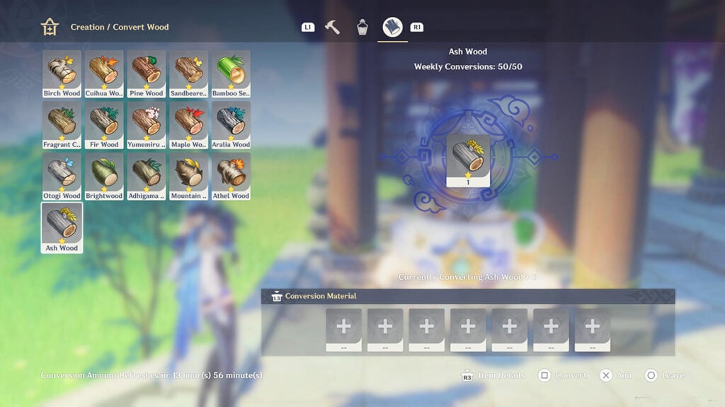 The Serenitea Pot wood convertion tab in Genshin Impact. 