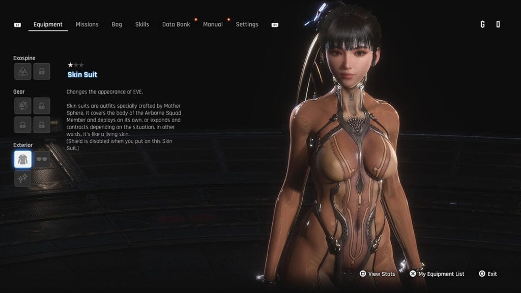 How to Unlock the Skin Suit in Stellar Blade Eve wearing the Skin Suit, as showcased in the game's equipment screen.