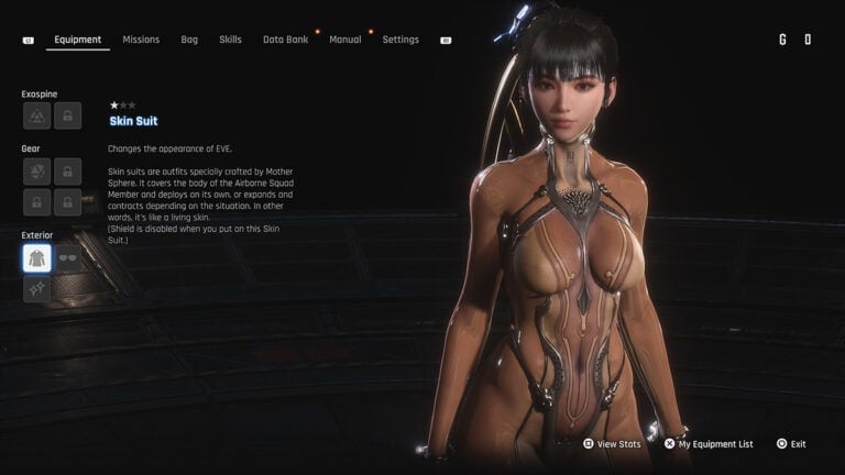 How to Unlock the Skin Suit in Stellar Blade Eve wearing the Skin Suit, as showcased in the game's equipment screen.