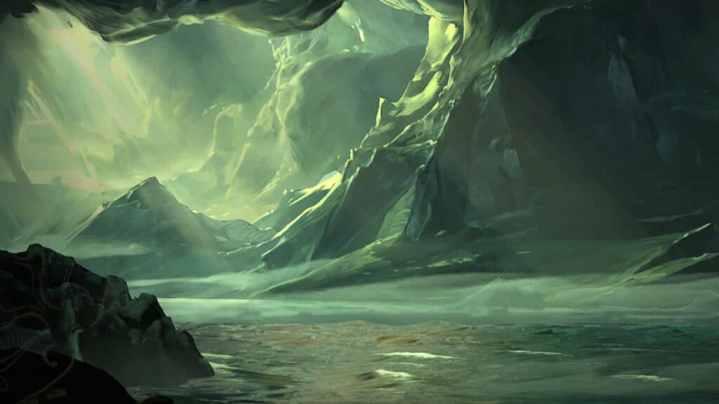 A beautiful cave bathed in green light in No Rest for the Wicked