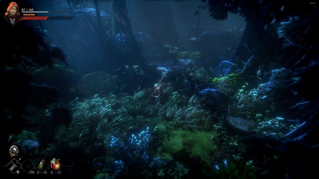 A character stands in a field beside the game's minimalist HUD