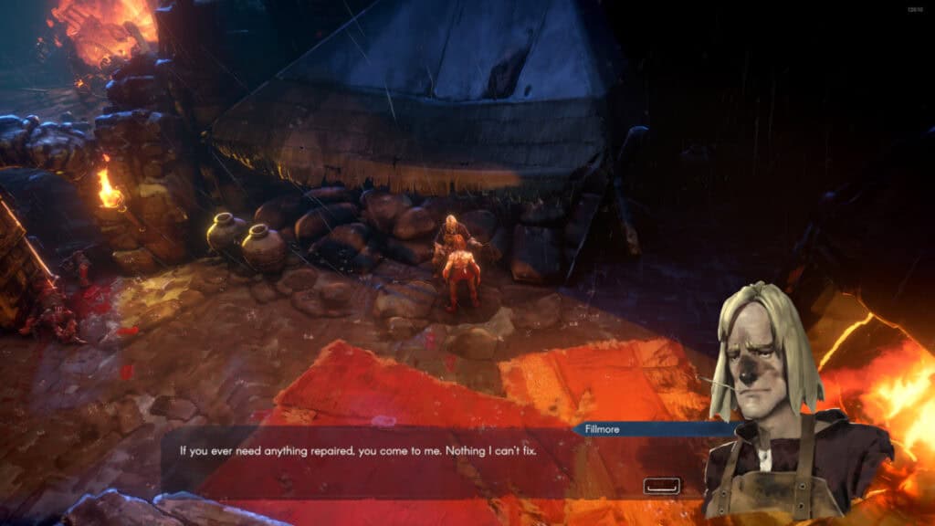 Fillmore, the NPC blacksmith who helps repair items in No Rest for the Wicked