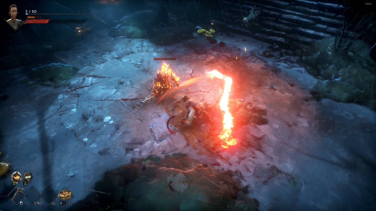 The player casts a flame spell on an enemy in No Rest for the Wicked