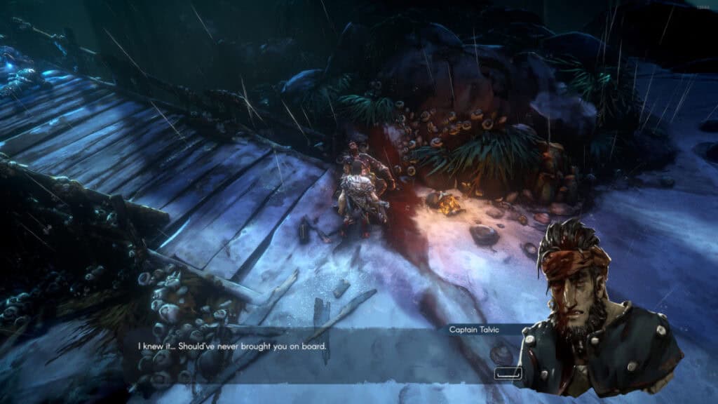 The player talks to a dying sailor on the beach