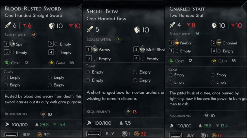 A sword, staff, and bow, compared side-by-side