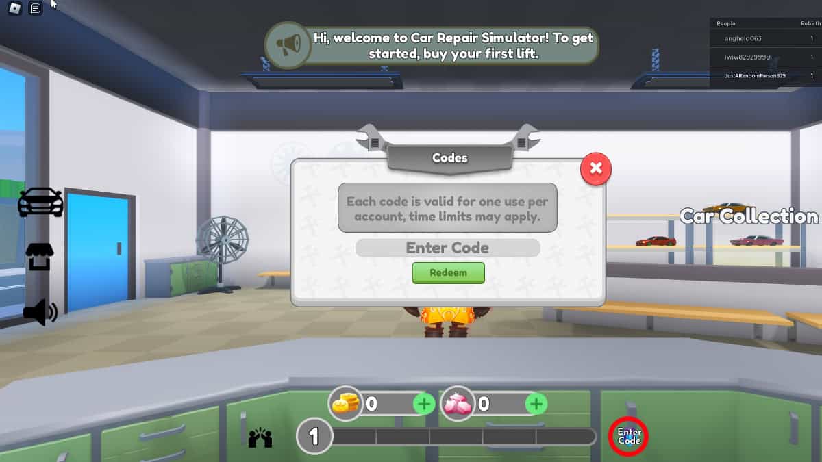 How to redeem codes in Car Repair Simulator.