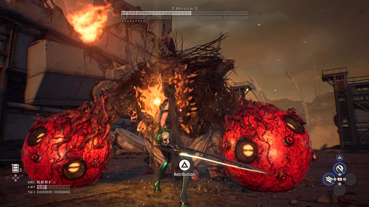 Eve gets ready to perform a Retribution attack in Stellar Blade.