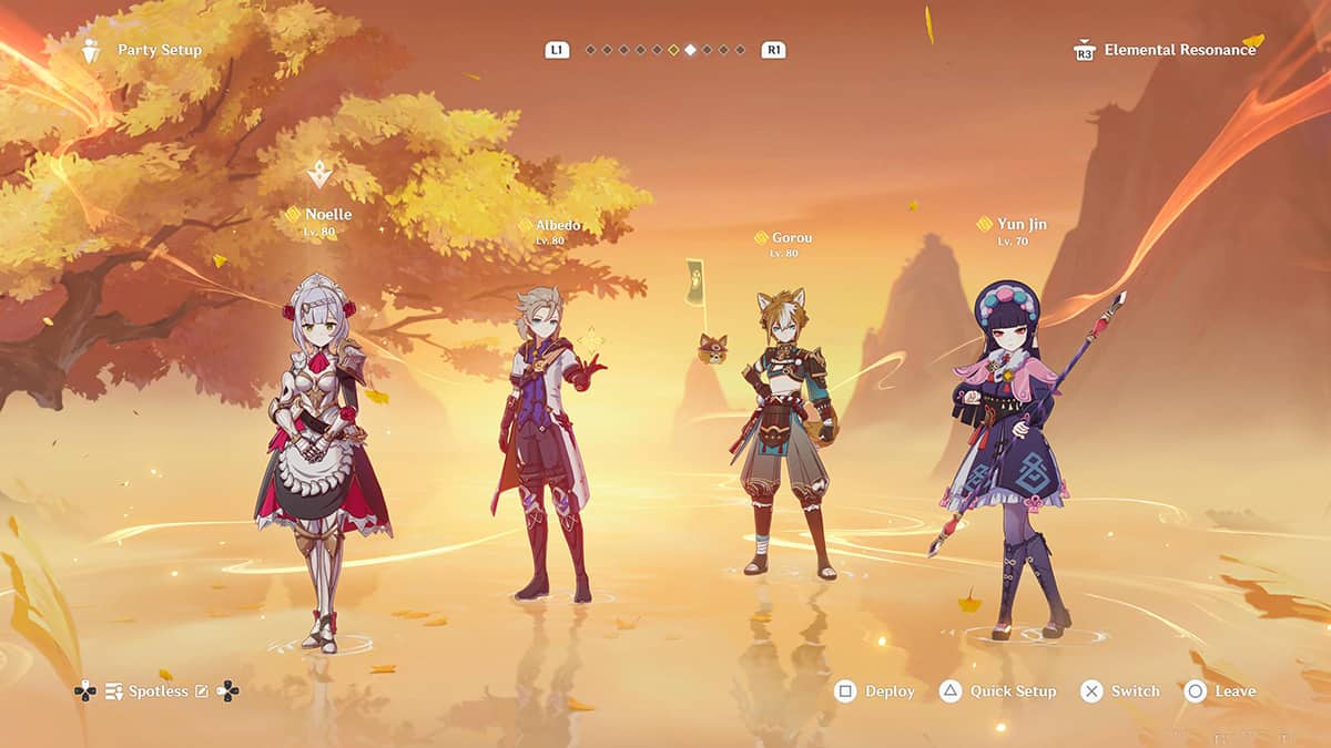 Noelle, Albedo, Gorou, and Yun Jin, as they appear in Genshin Impact. 