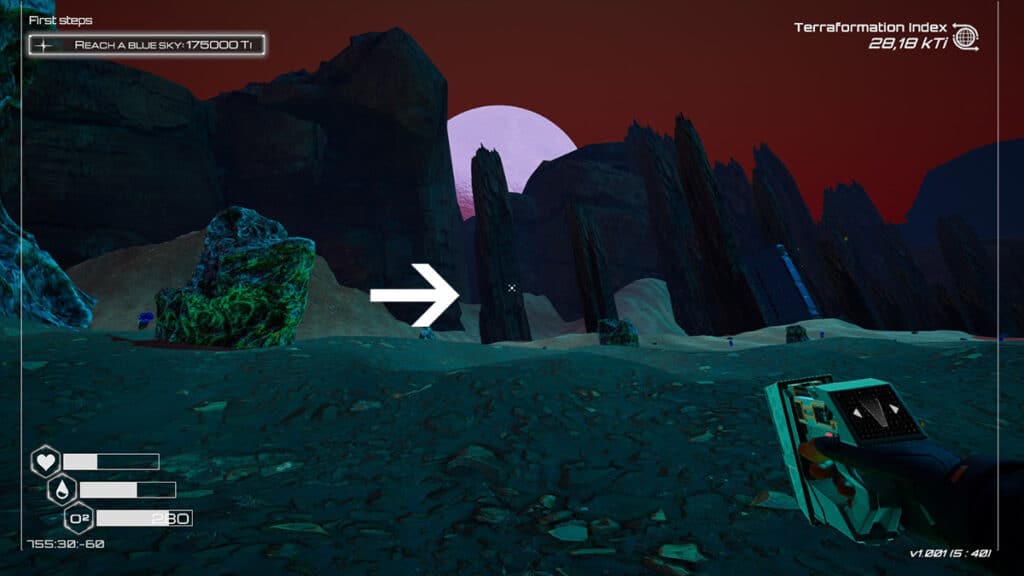 The path leading to the Uranium Cave in The Planet Crafter.