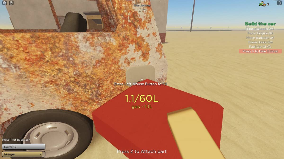 filling tank with gasoline in a dusty trip