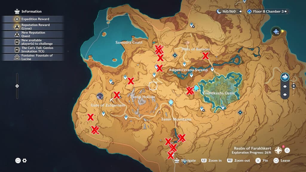 The location of all Trishiraite crystals found in the above-ground portion of Sumeru in Genshin Impact.