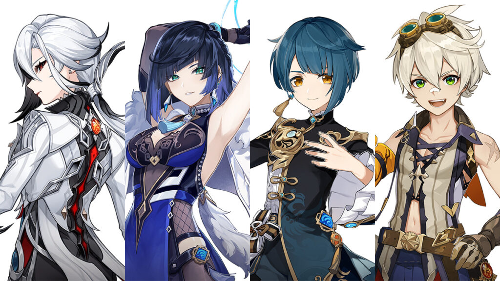 Arlecchino, Yelan, Xingqiu, and Bennett's character profiles.