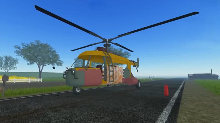 A grounded helicopter in Dusty Trip