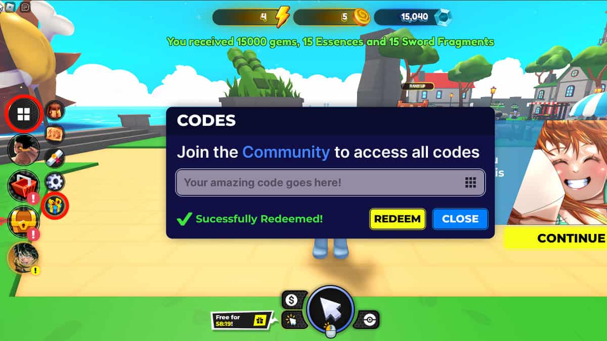 Redeeming codes in Roblox Anime Catcher Simulator