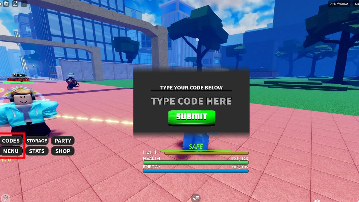 Redeeming codes in Roblox Anime Quest.