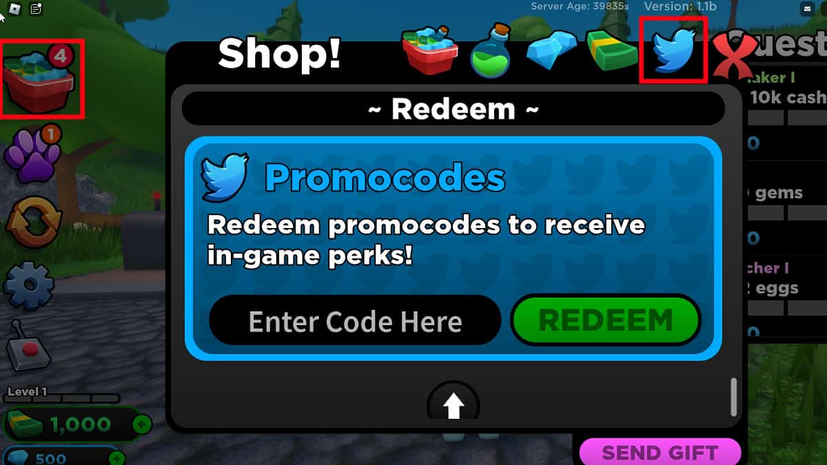 Redeeming Codes in Roblox Tycoon Simulator.