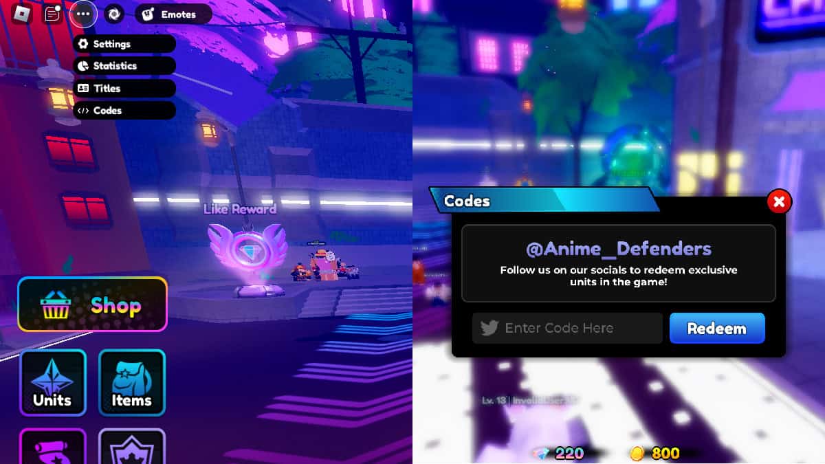the code redemption window in roblox anime defenders