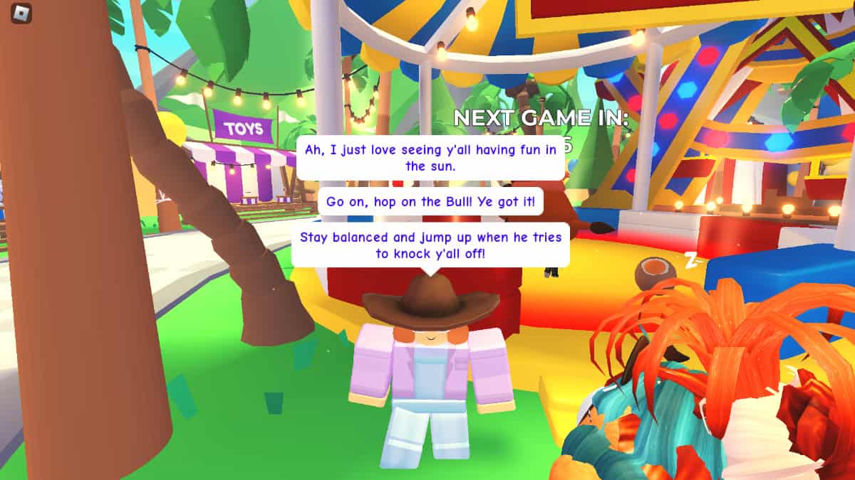 A player talks to the rodeo game attendant in Adopt Me Roblox before getting the Legendary Corn Doggo