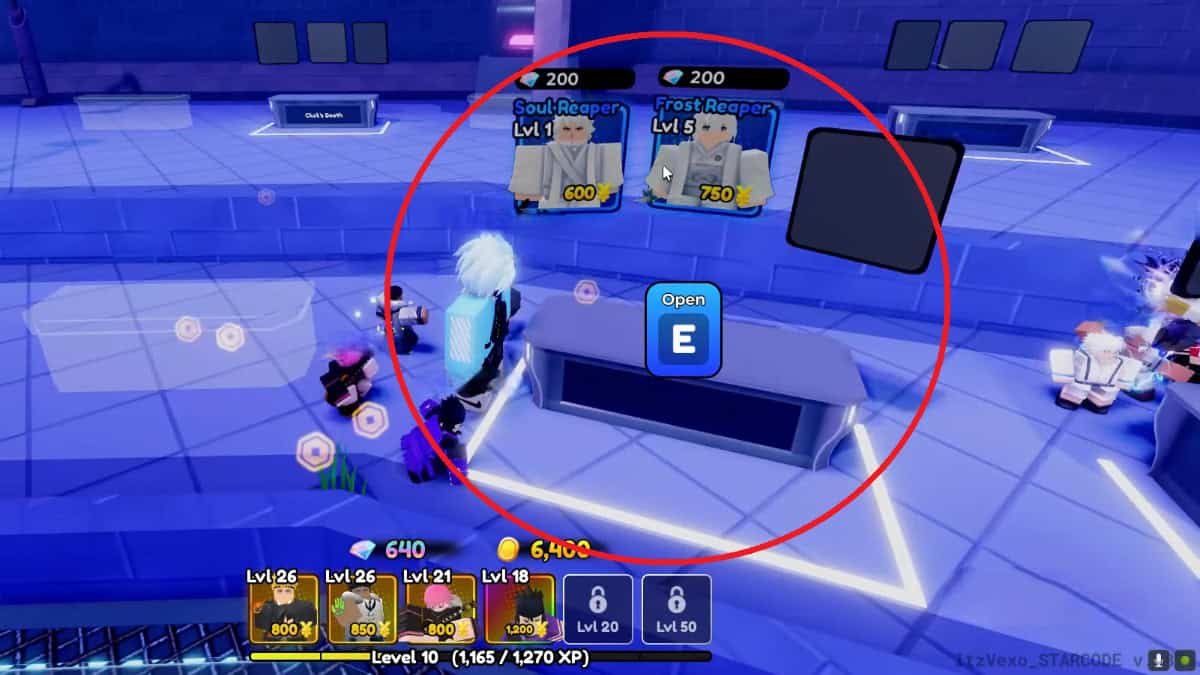 A character looks at a trade booth in Anime Defenders Roblox