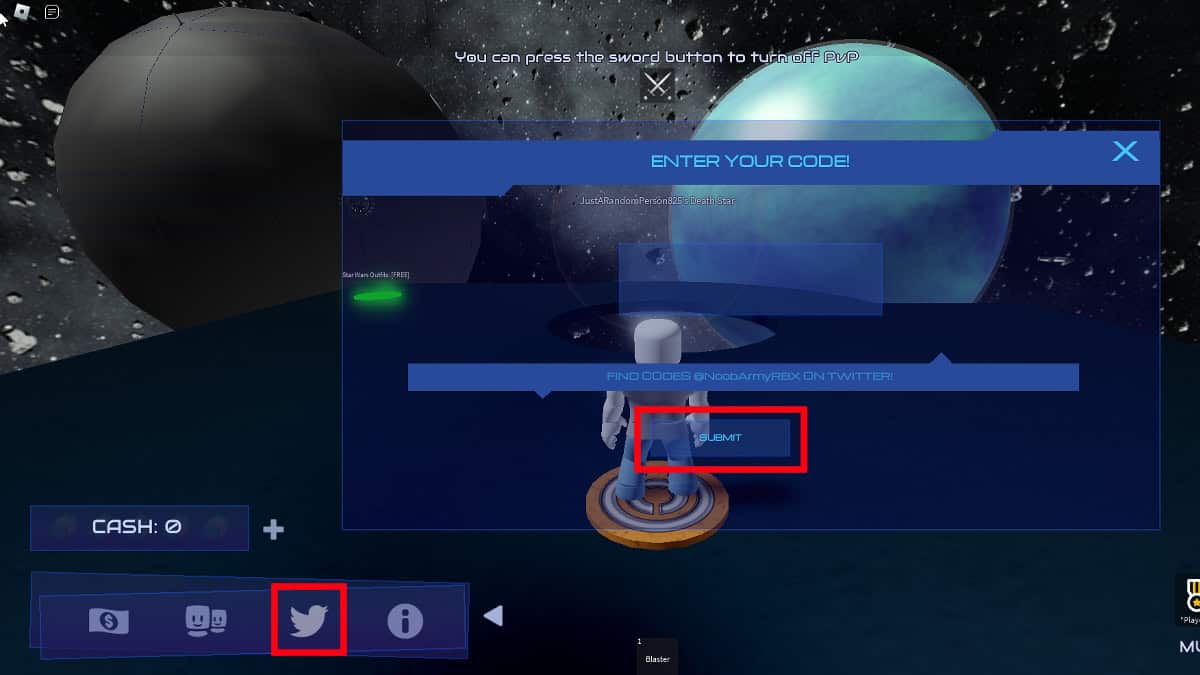 Redeeming codes in Roblox Death Star Tycoon.