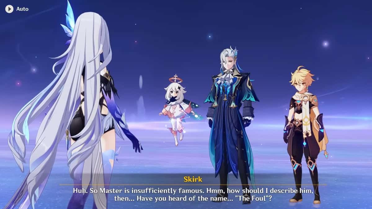 Skirk talks about her master, The Foul Surtalogy, in Genshin Impact.