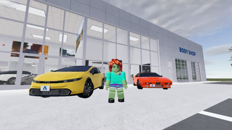 Greenville Roblox 1.4 Update: Zero Emissions, Tons of Fun A player stands beside cars at the car dealership in Greenville Roblox