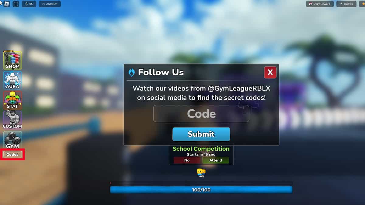 Redeeming codes in Roblox Gym League.