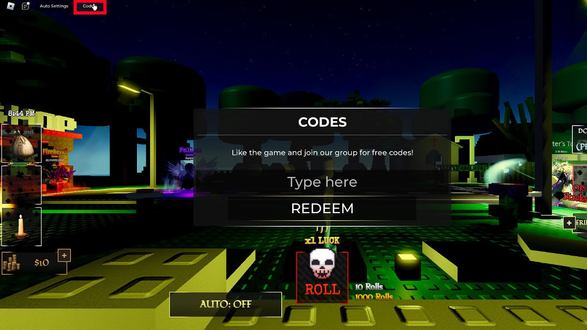 Redeeming codes in Roblox Horror RNG.